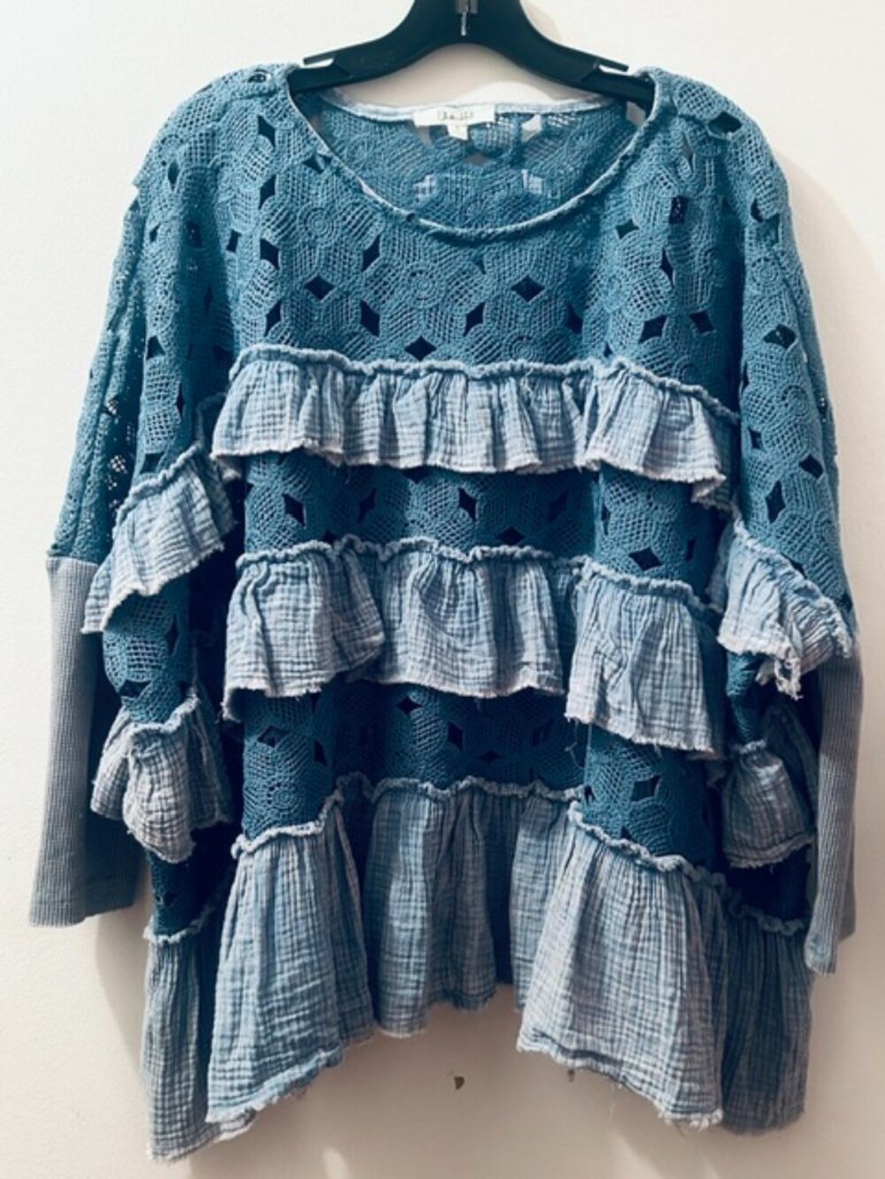 Oli & Hali Lenore Crochet Open Knit Tiered Ruffle Top in Lagoon Lush Blue NEW